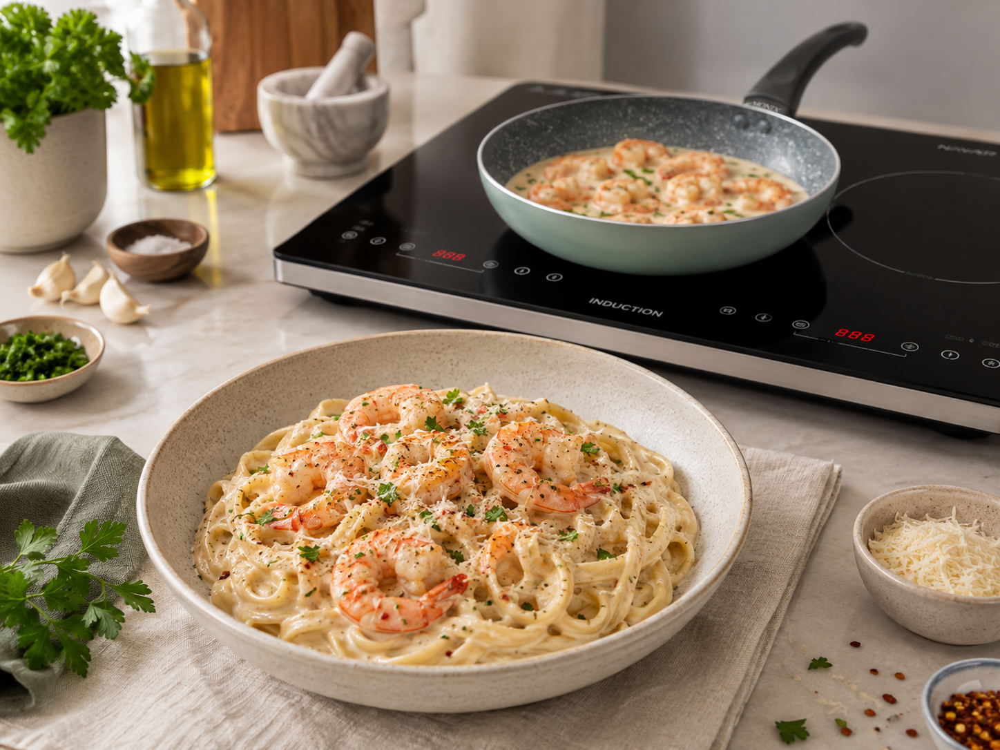 Pasta cremosa con camarones y ajo